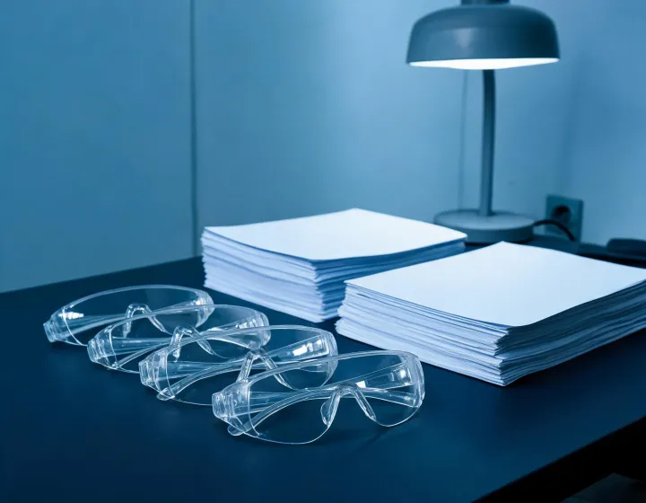 Independent sourcing desk reviewing clear safety glasses briefs