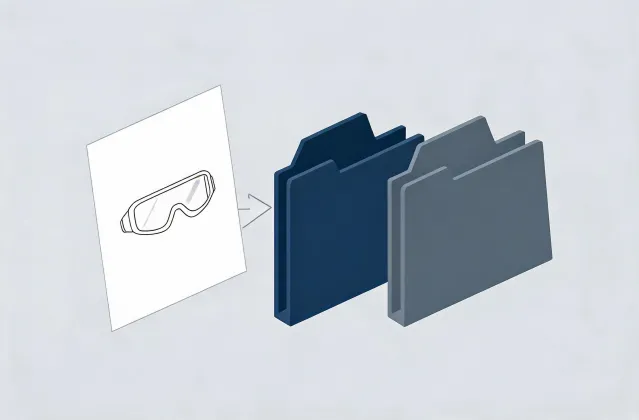 Illustration of a clear safety glasses specification brief handing off to quotation folders