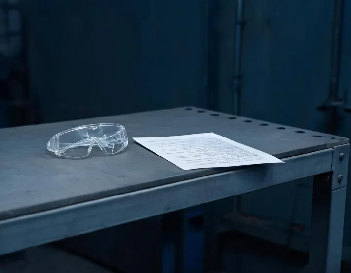 Unlabeled clear safety glasses on a PPE intake bench